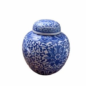 Blue white ginger jar Asian floral print with lid